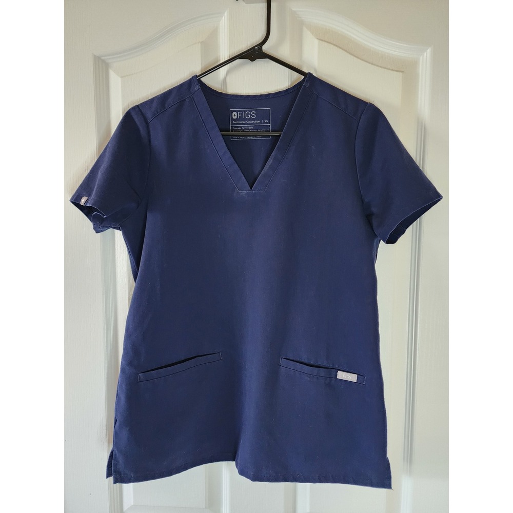 FIGS Technical Collection Navy Blue V-Neck Scrub Top XS Short Sleeve Pockets